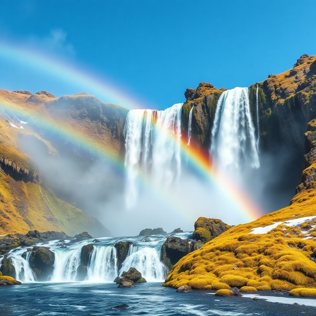 Icelandic waterfall with rainbow and green moss