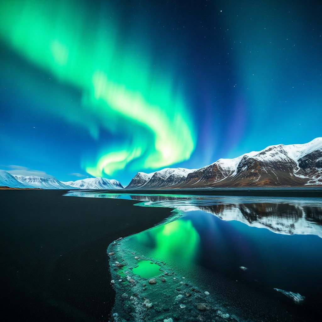 Northern lights over Icelandic black sand beach
